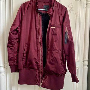 maroon satiny Members Only jacket w/ faux fur lining, women's size large